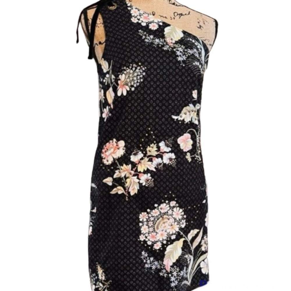 NWT ANTHROPOLOGIE DRESS MAEVE FLORAL ONE SHOULDER SHEATH BLACK PETITES 0P